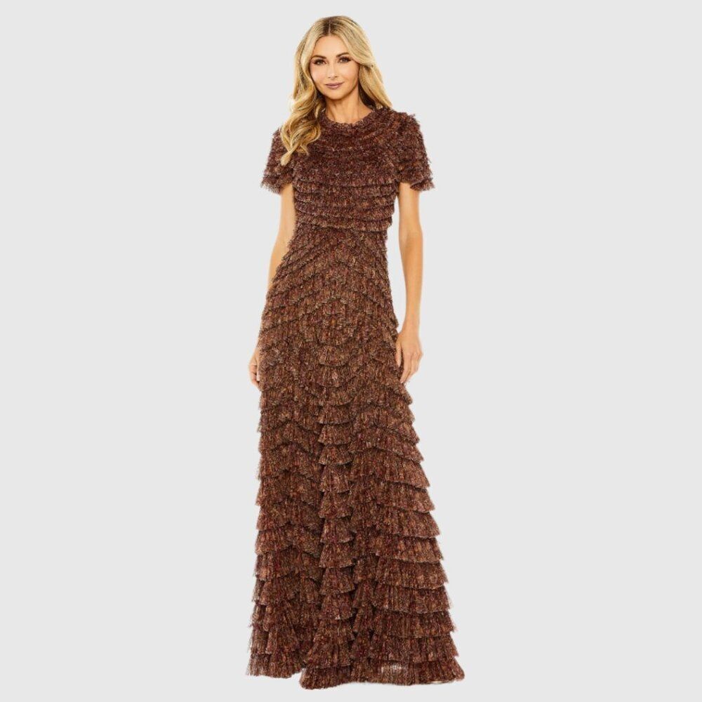 $798‎ Mac Duggal 8042 Size 14 Brown Ruffle Tiered High Neck Long Maxi Dress Gown - Picture 2 of 4
